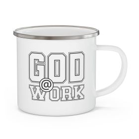 Enamel Camping Mug, God @ Work White And Black Print