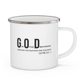 Enamel Camping Mug, God In The Beginning, Inspirational Illustration