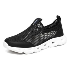 Male Slip-on Mesh Running Trainers Men Outdoor Aqua Shoes Breathable Lightweight Quick-drying Wading Water Sport Camping Sneaker (Color: black and white, size: 45)