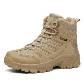 Large Size Combat Boots Men Desert Camping Non-slip Wear-resistant Sport High Top Footwear Outdoor Mountaineering Casual Shoes (Color: Beige, size: 43)