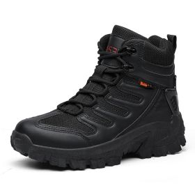 Large Size Combat Boots Men Desert Camping Non-slip Wear-resistant Sport High Top Footwear Outdoor Mountaineering Casual Shoes (Color: Black, size: 46)