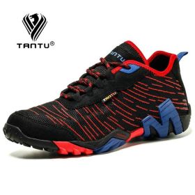 TANTU Mesh+Suede New Arrival Climbing Hunting Shoes Camping Breathable Hiking Men Shoes Non-Slip Outdoor Plus Size 39~46 (Color: Black Red, size: 45)