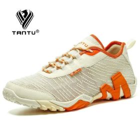 TANTU Mesh+Suede New Arrival Climbing Hunting Shoes Camping Breathable Hiking Men Shoes Non-Slip Outdoor Plus Size 39~46 (Color: Beige Orange, size: 46)