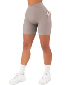 Women's Cross Sports Tight Short Belt Pockets (Option: Khaki-2XL)